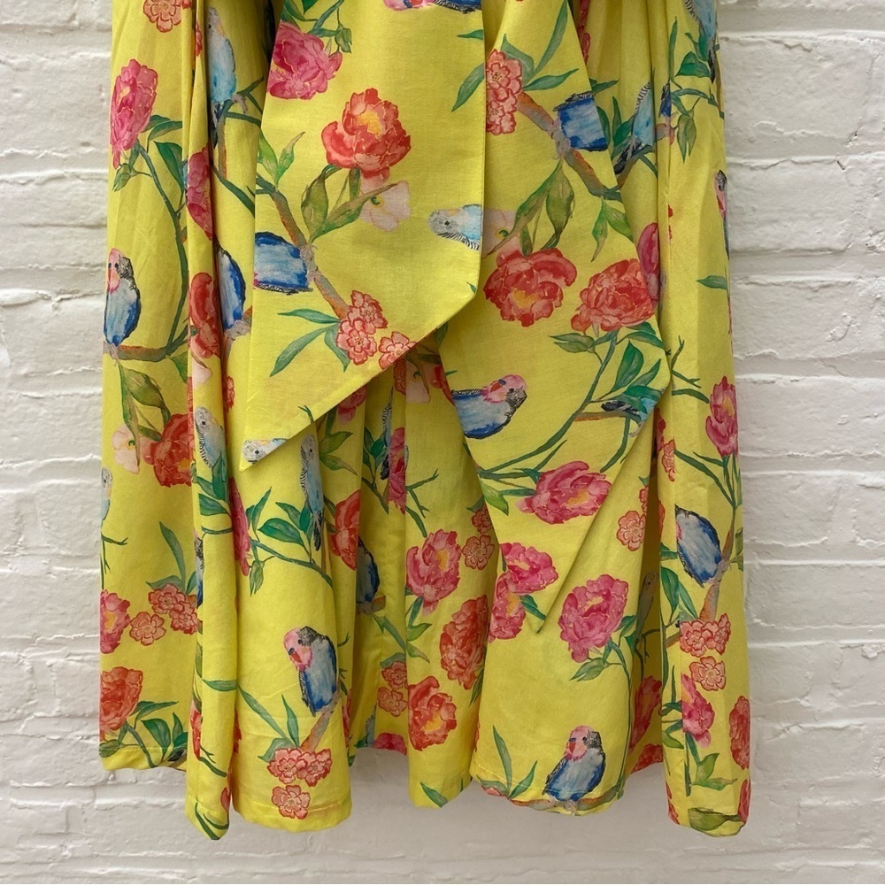 Brooke Wright Designs || Pleated Skirt with Sash Belt Bow Birds Floral Yellow 12 - Picture 3 of 10